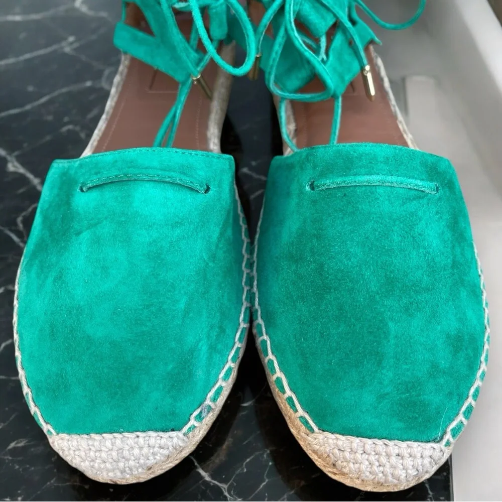Aquazzura Firenze Green Suede Leather Belgravia Espadrilles Flat Sandals